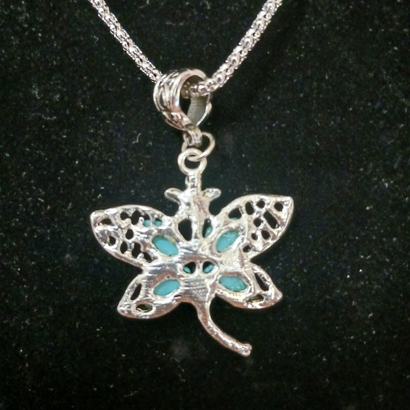 2 item-FAUX TURQUOISE DRAGONFLY GEMSTONE SILVERTONE NECKLACE & DRAGONFLY EARRING - Picture 9 of 10
